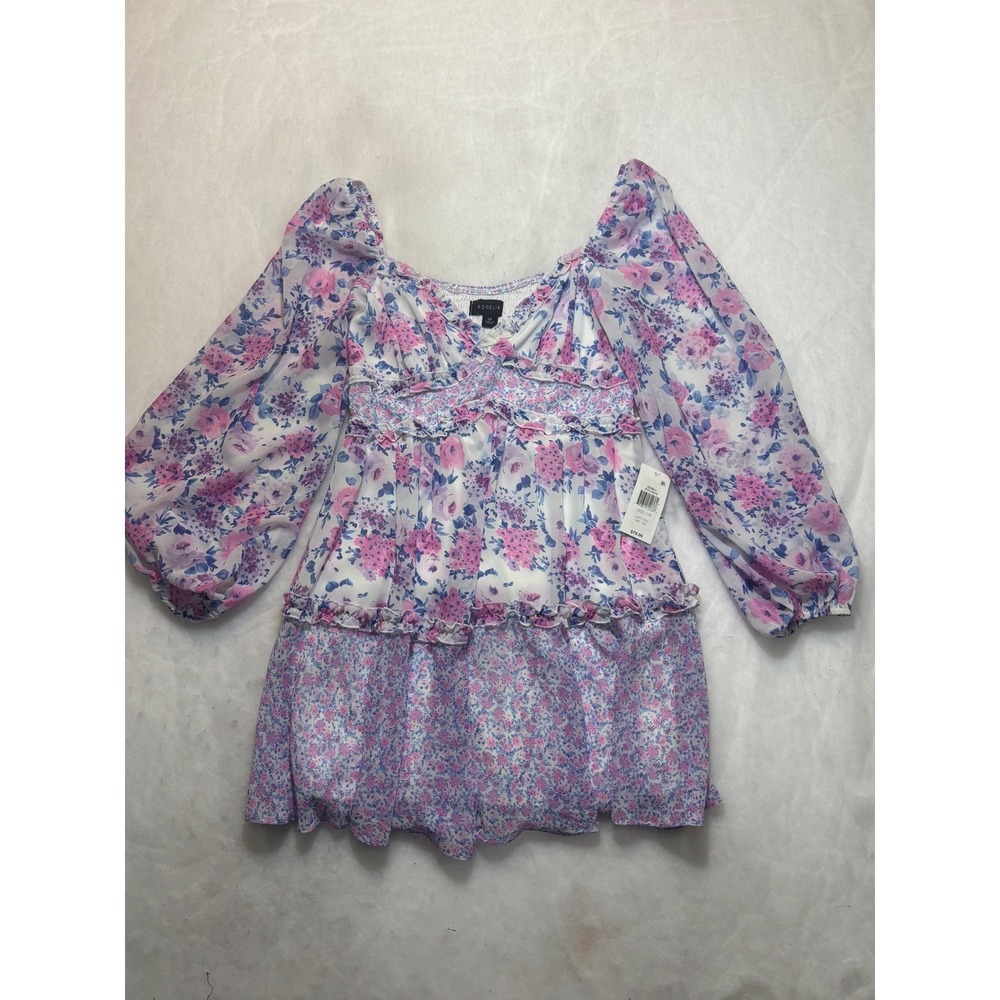 B Darlin Floral Print Square Neck Smocked Puff Sleeve Mini Dress Size 7/8